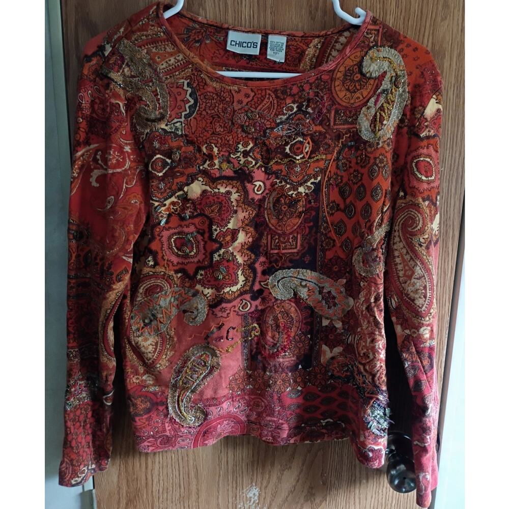 Vintage Chico’s Beaded Embroidered Paisley Top Size 1 Medium Boho Art to Wear